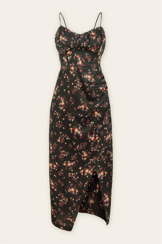 Dark Floral Midi Tie-Back Dress - BLK