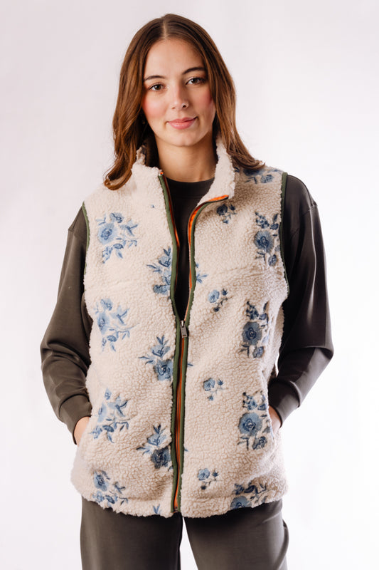 Embroidered Floral Sherpa Vest - CRM