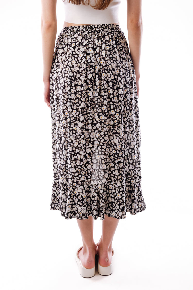 Floral Midi Front Slit Skirt - BLK