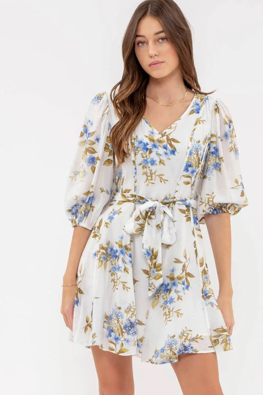 Floral Peasant Sleeve Mini Dress - IVR