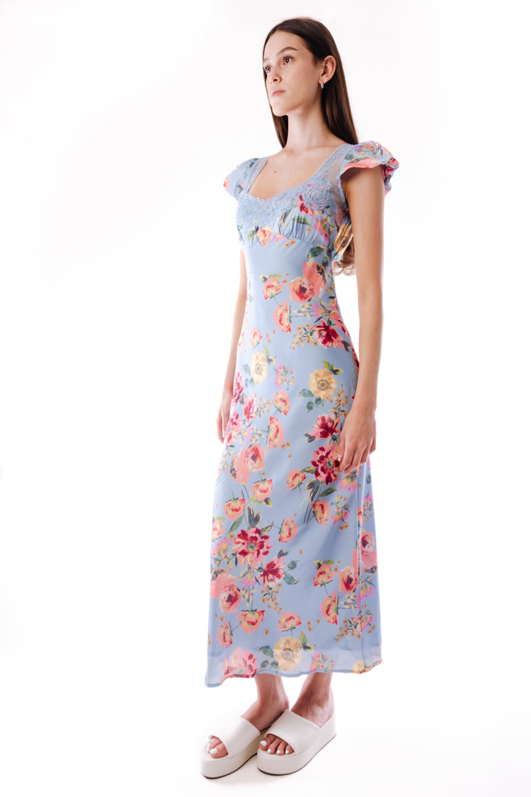 Floral Satin & Lace Dress - BLU