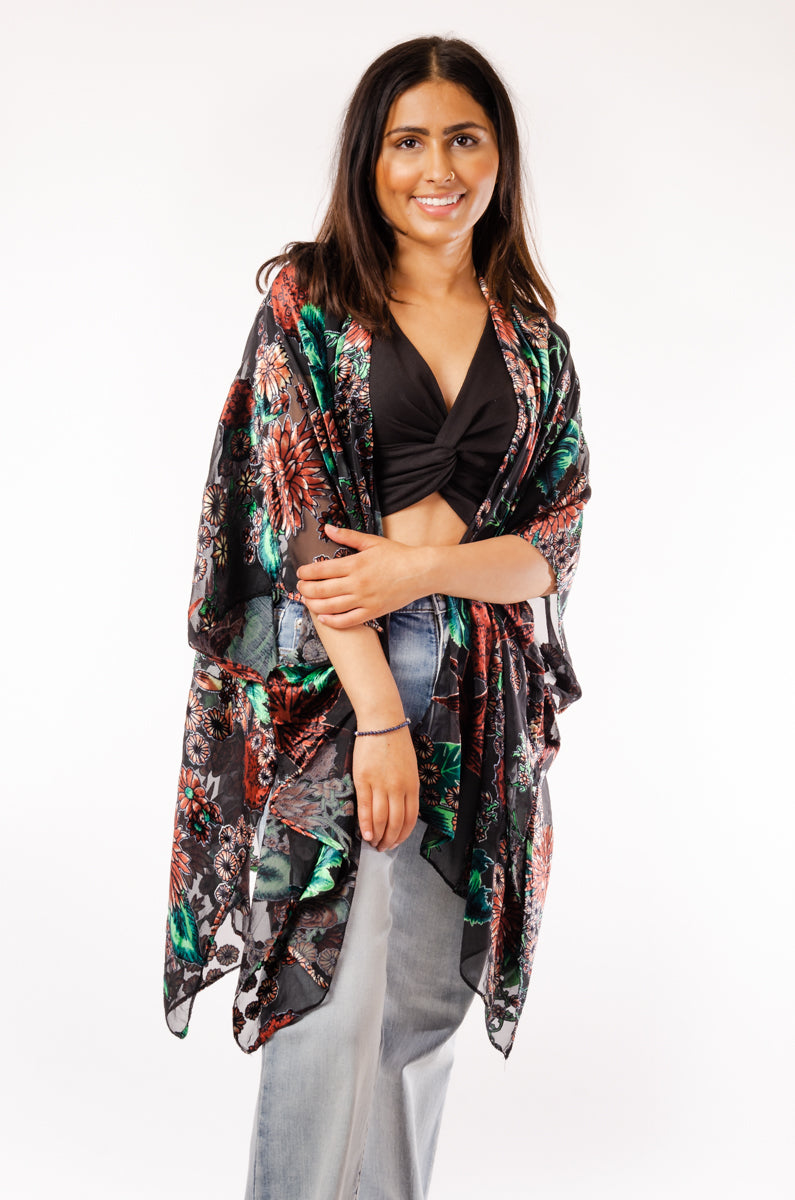 Floral Velvet Kimono - BLK