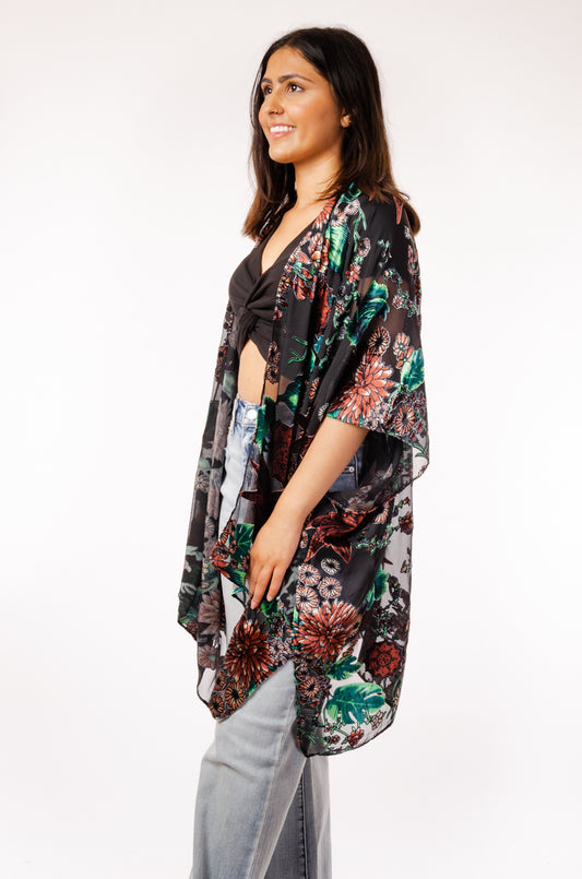 Floral Velvet Kimono - BLK