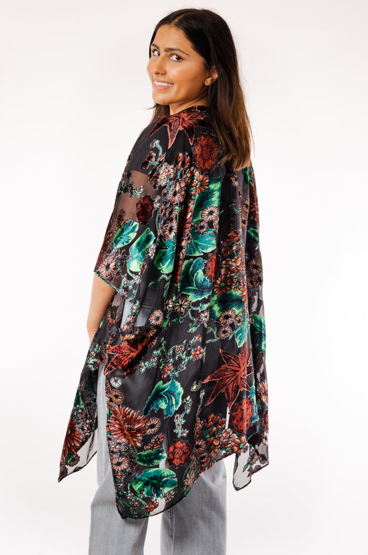 Floral Velvet Kimono - BLK