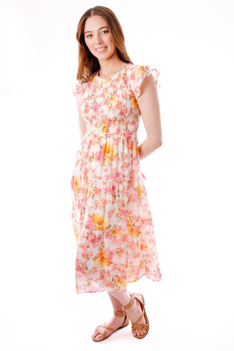 Smocked Floral Midi Dress - IVR