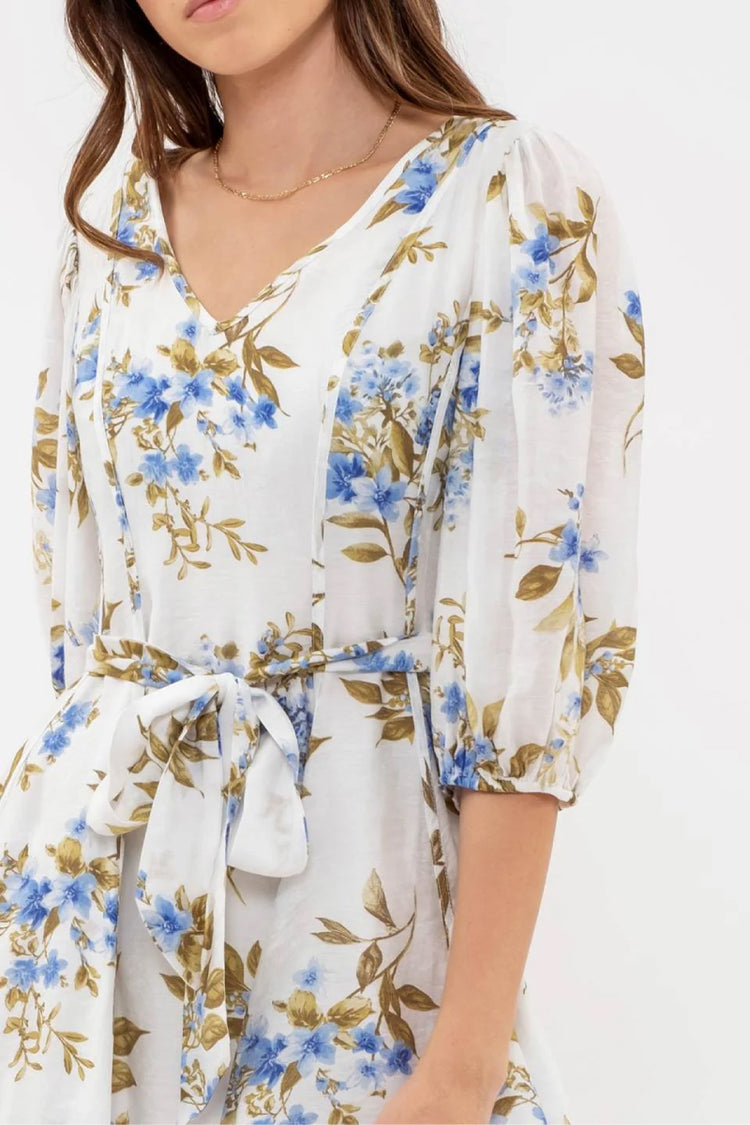 Floral Peasant Sleeve Mini Dress - IVR