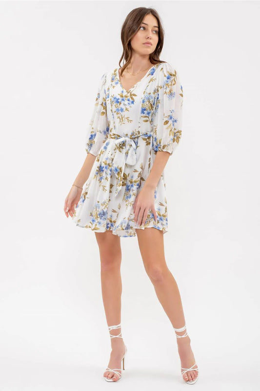 Floral Peasant Sleeve Mini Dress - IVR