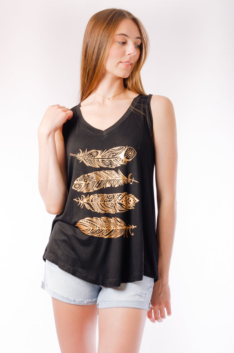 Gold Feathers Tank - BLK