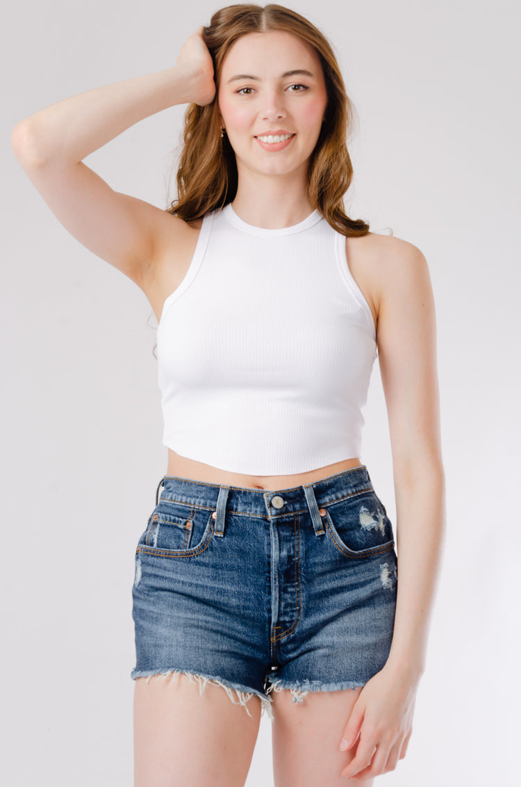 Halter Racer Crop Tank - White