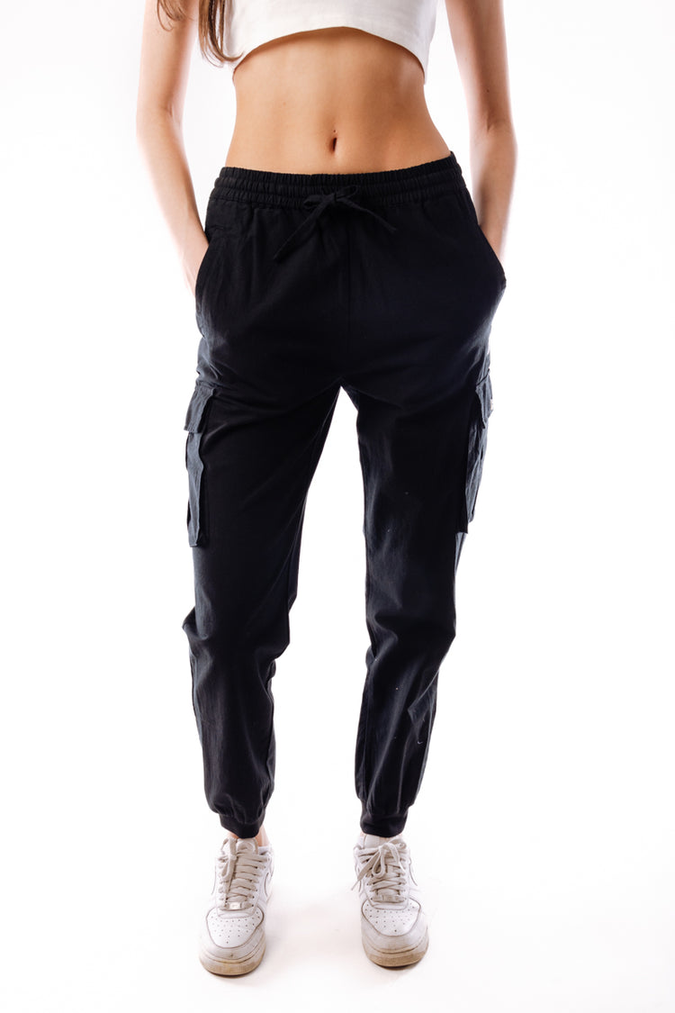 Linen Cargo Pants - BLK