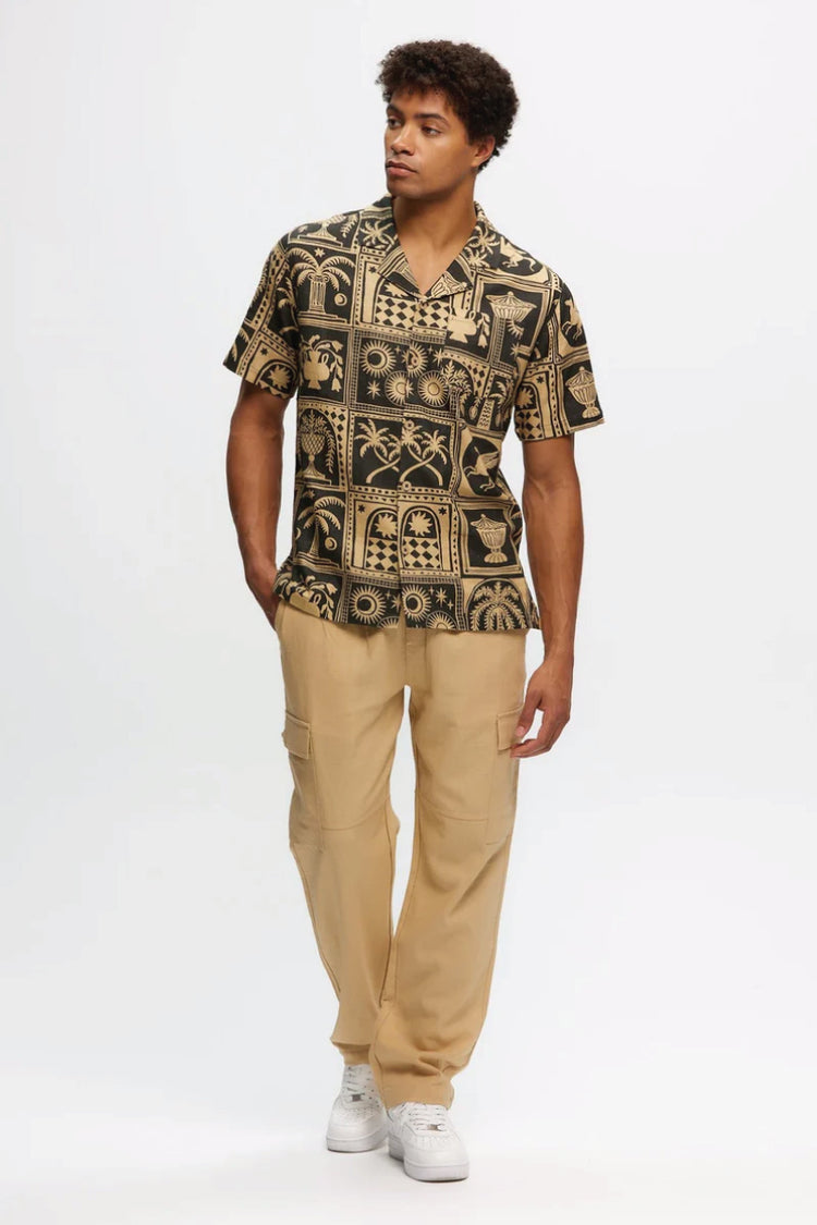 Linen Print Yacht Shirt - BLK