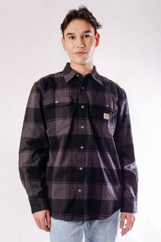 Loose Fit Heavy Plaid Flannel Shirt - BLK