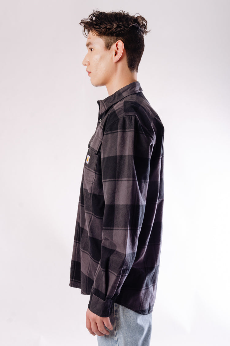 Loose Fit Heavy Plaid Flannel Shirt - BLK