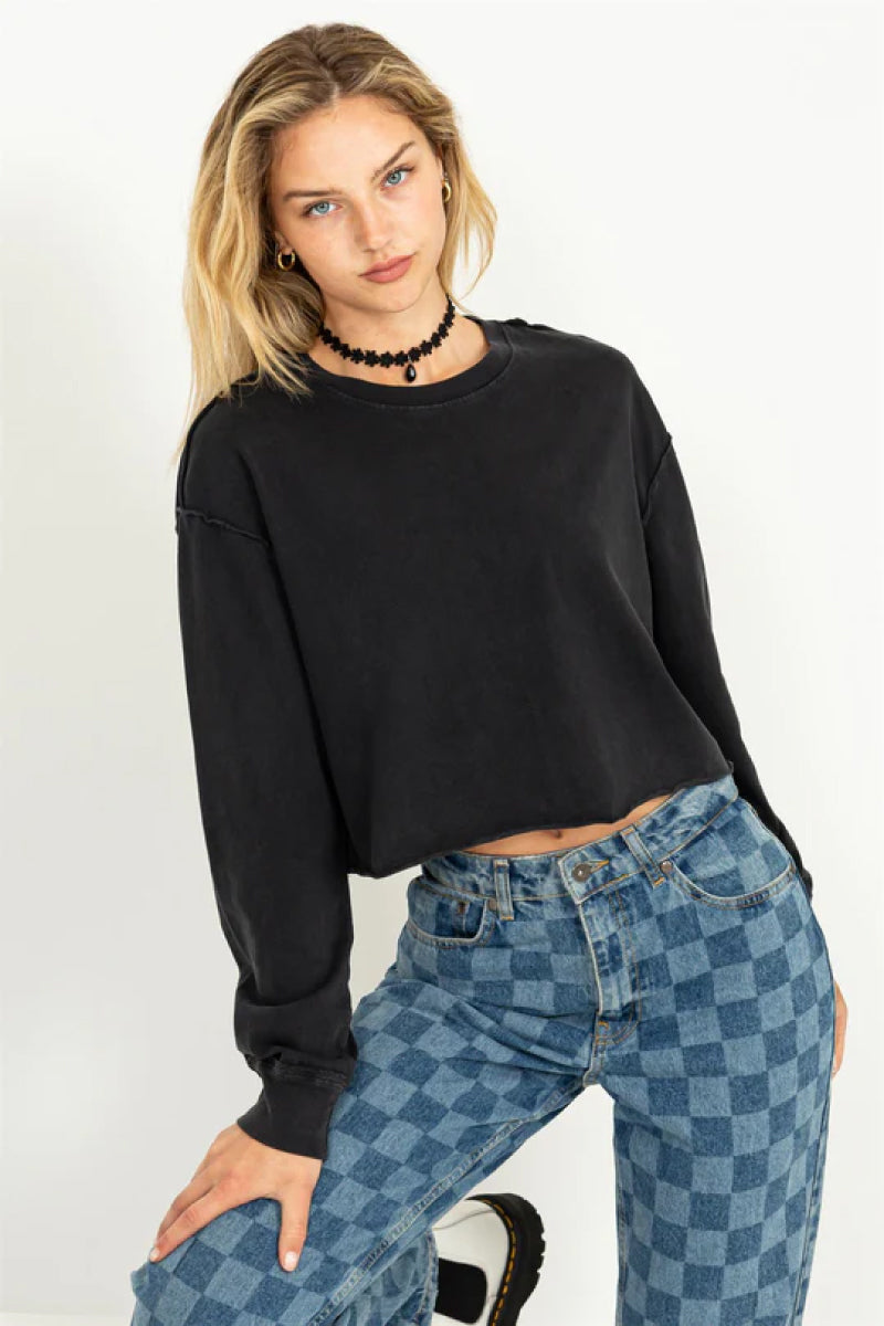 Raw Hem Crop Long Sleeve - BLK