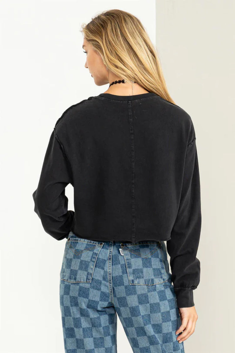 Raw Hem Crop Long Sleeve - BLK