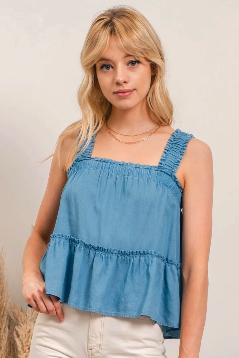 Ruffle Chambray Tank - BLU