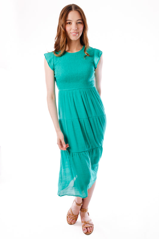 Smocked Tiered Midi Dress - GRN