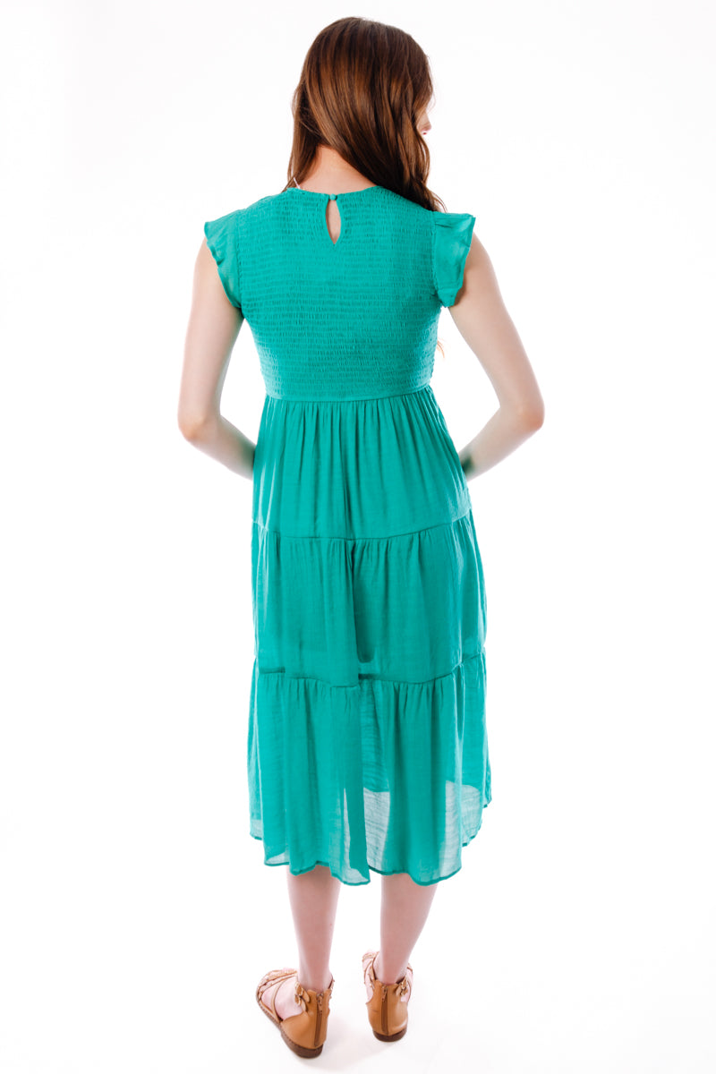 Smocked Tiered Midi Dress - GRN