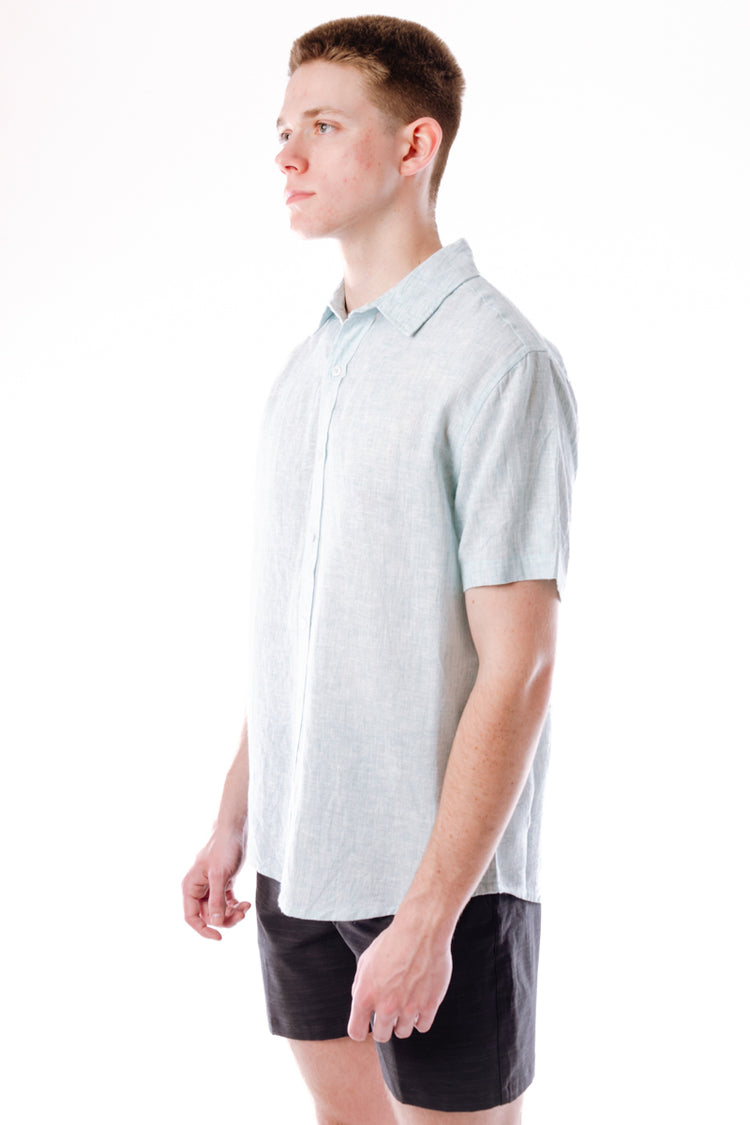 Solid Linen Short Sleeve Shirt - AQU