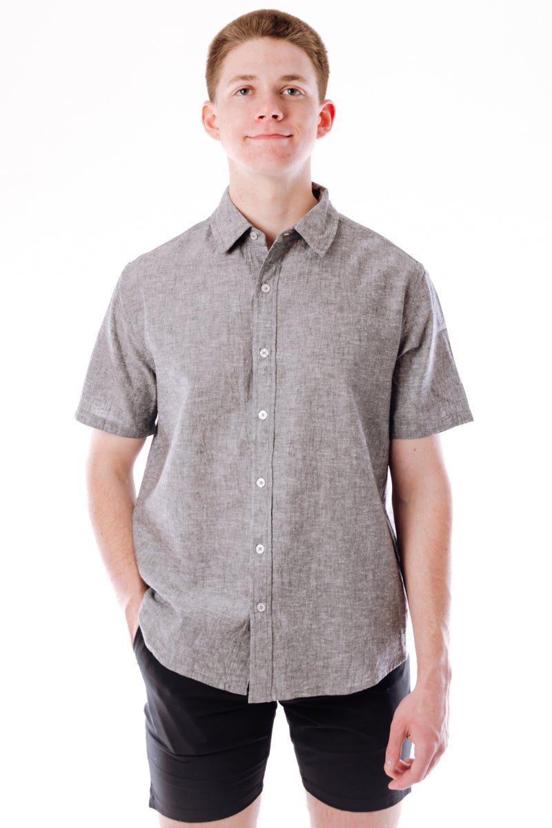 Solid Linen Short Sleeve Shirt - GRY