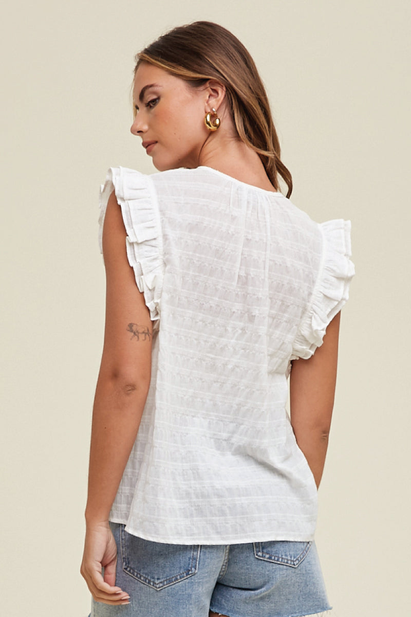 Textured Ruffle Sleeve Top - WHT