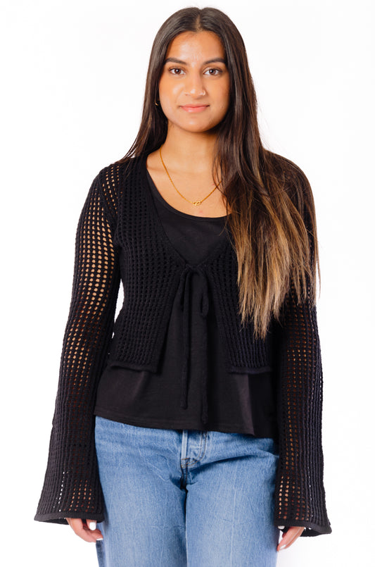 Tie-Front Crochet Cardigan - BLK