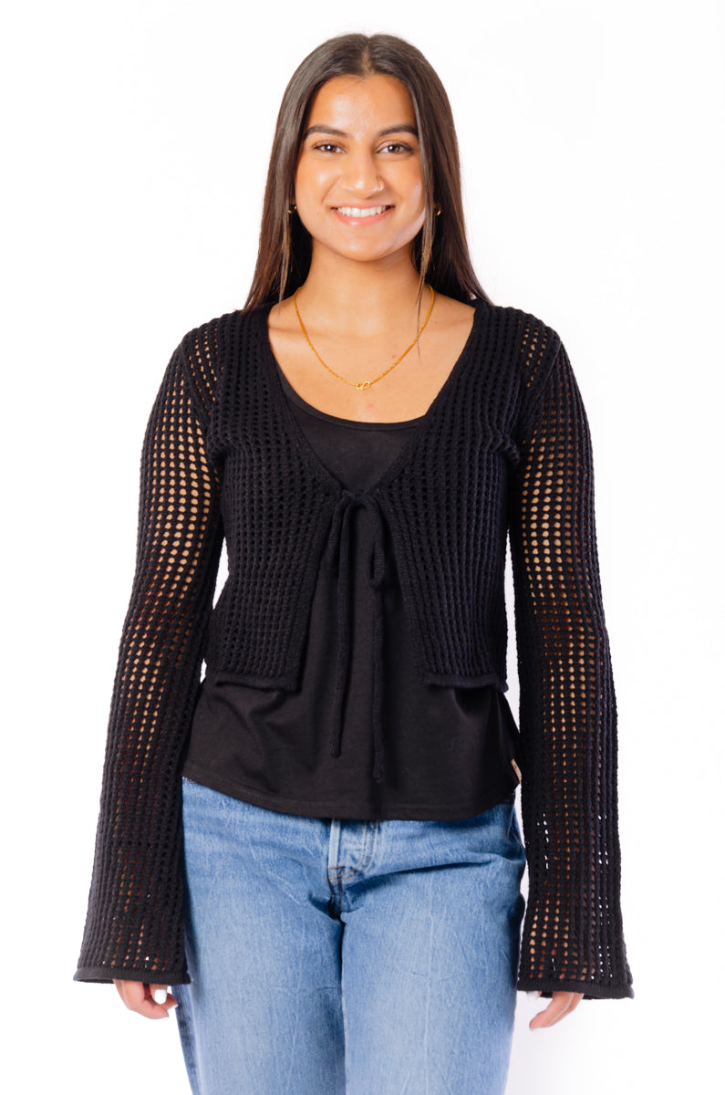 Tie-Front Crochet Cardigan - BLK