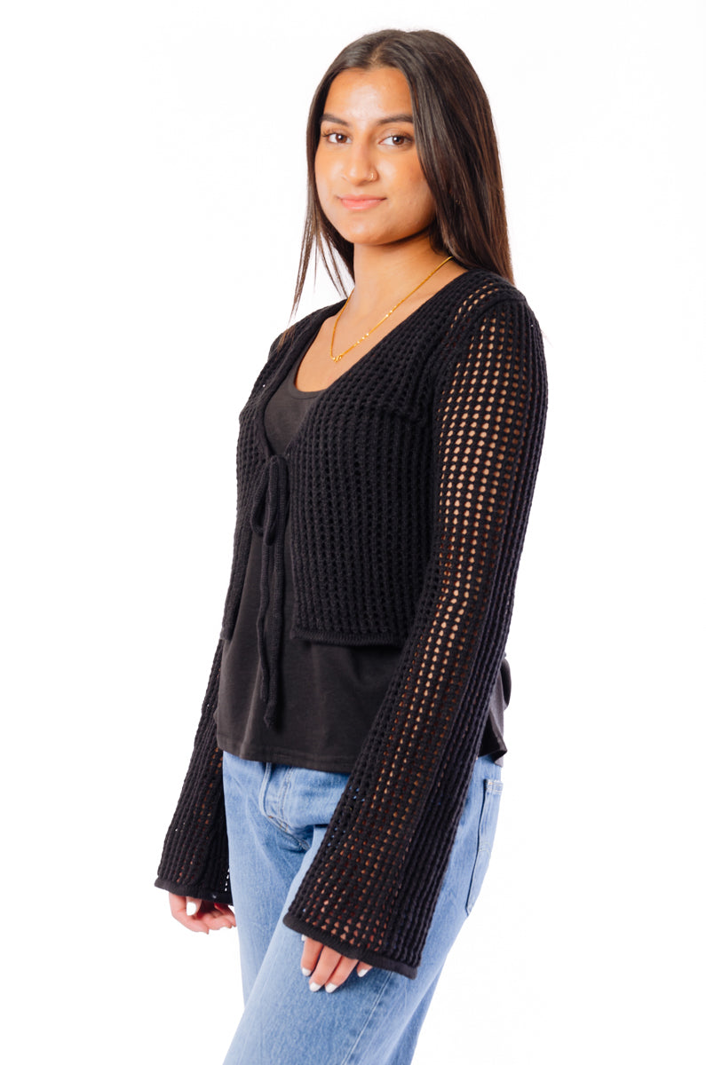 Tie-Front Crochet Cardigan - BLK