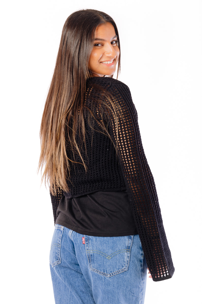 Tie-Front Crochet Cardigan - BLK