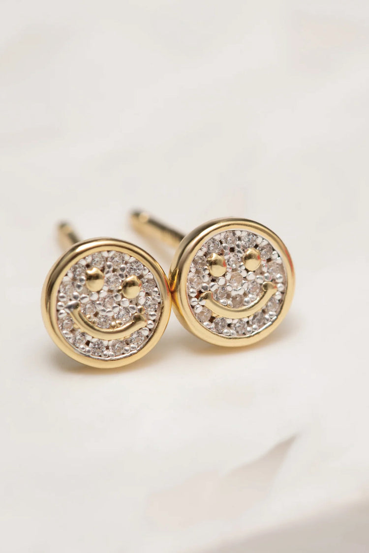 Pave Smiley Face Stud Earrings - GLD