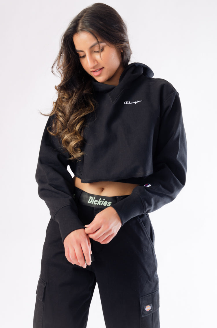 Reverse Weave Crop Hoodie - Black